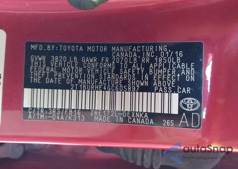 2016 Toyota Corolla Le from USA, damaged, VIN 2T1BURHE4GC605897